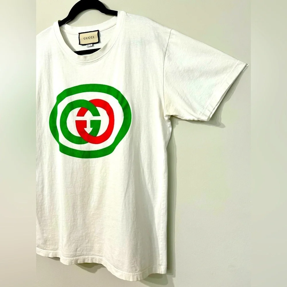 Gucci T shirt Authentic Classic GG Oval Logo Off White Short Sleeve Size L Used!